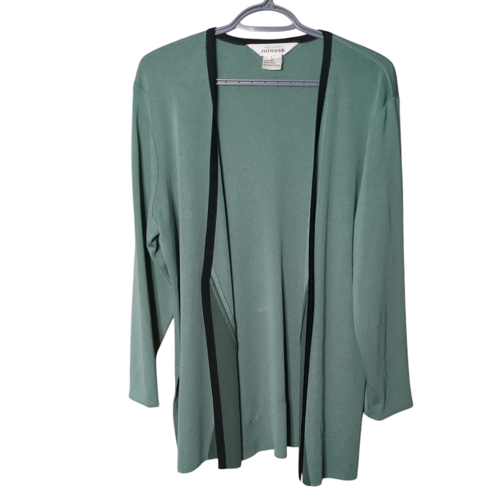 Exclusively‎ Misook Sz L Open Front Cardigan Jacket Side Vents Moss Green/Black